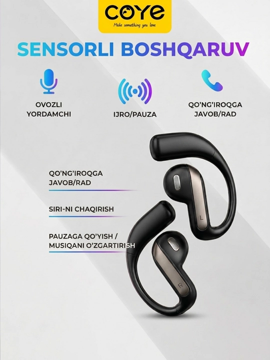 Simsiz quloqchinlar Bluetooth 70 soat ish vaqti mikrofon sensorli suvdan himoyalangan IPX