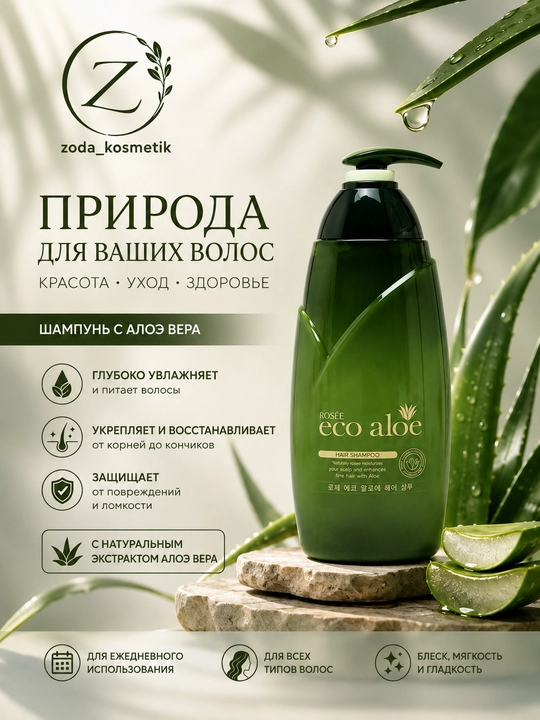 Корейский шампунь Rosse Eco Aloe, увлажняющий, 760 мл - 