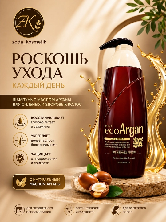Шампунь для сухих и поврежденных волос Rosee Eco Argan Premium Hair Shampoo 760 мл - 