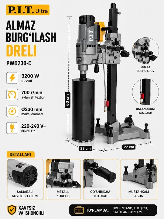 P.I.T. PWD230-C olmos burg‘ilash dreli, beton uchun, 3200W, 230 mm