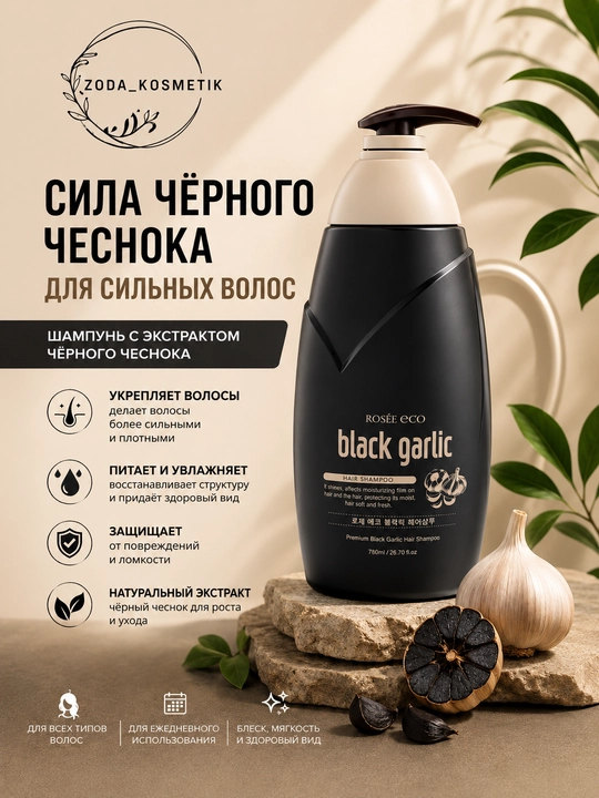 Шампунь с черным чесноком Rosee Eco Black Garlic Premium, 760 мл - 