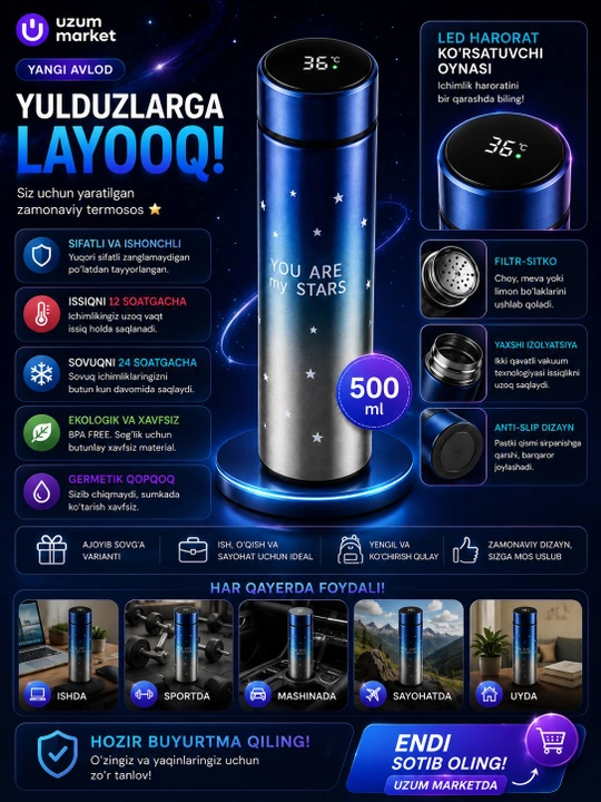 Умный термос с LED-дисплеем температуры 500 мл из нержавеющей стали - 