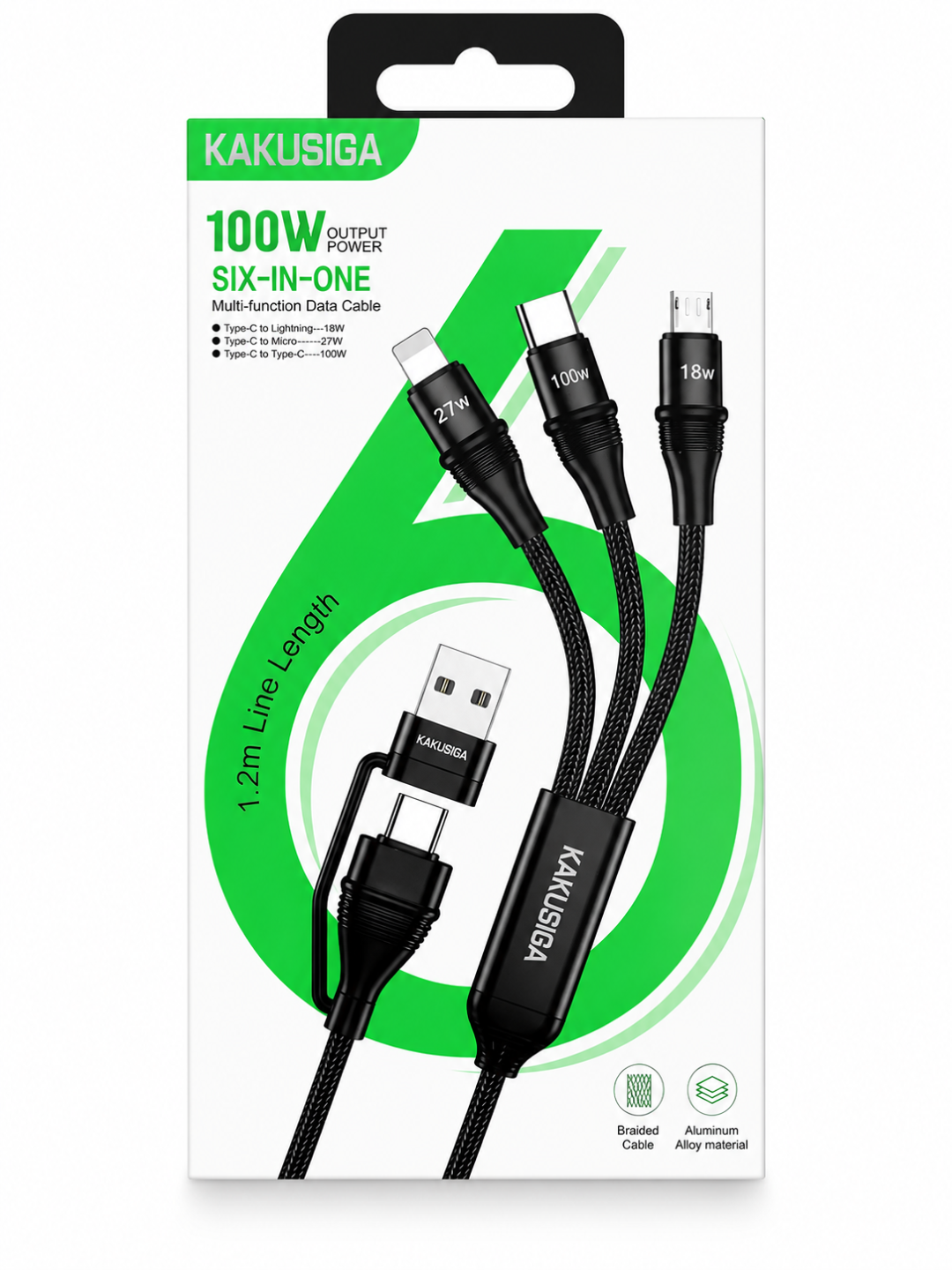 KAKUSIGA 100W 6-в-1 кабель для быстрой зарядки и передачи данных 1,2 м