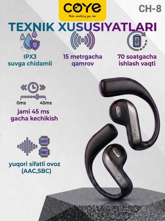 Simsiz quloqchinlar Bluetooth 70 soat ish vaqti mikrofon sensorli suvdan himoyalangan IPX