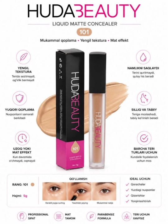Yuz va ko‘z atrofi uchun tonirovka qiluvchi konsiler, Huda Beauty, 5 g - 