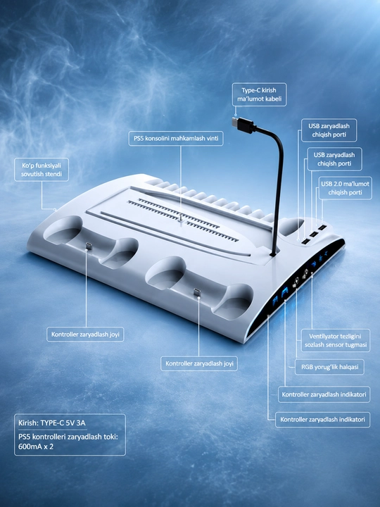 PS5 uchun Sovutish(cooler) va Zaryadlash Stansiya 2 ta Joystick uchun, RGB Yoritish, USB