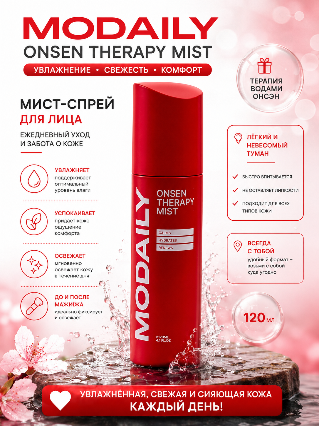Modaily Onsen Therapy Mist 120 ml — yuz uchun namlantiruvchi va tinchlantiruvchi sprey - 