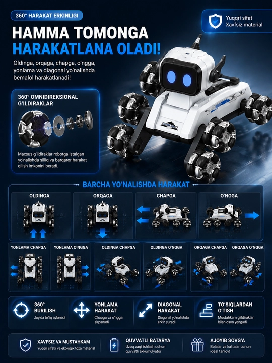 AI Robot It D5 — Aqlli Interaktiv Robot, 4WD, Masofadan boshqariladigan o‘yinchoq