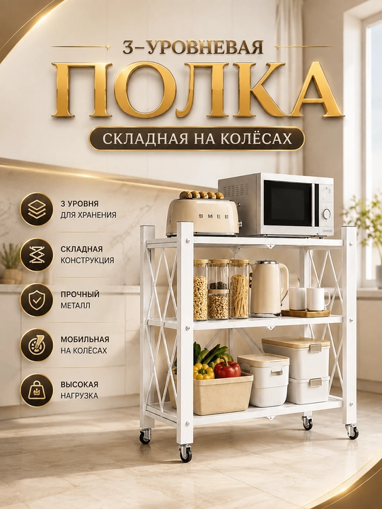 Uy, oshxona va ofis uchun g‘ildirakli yig‘ma pol tokchasi 87*34*71 - 