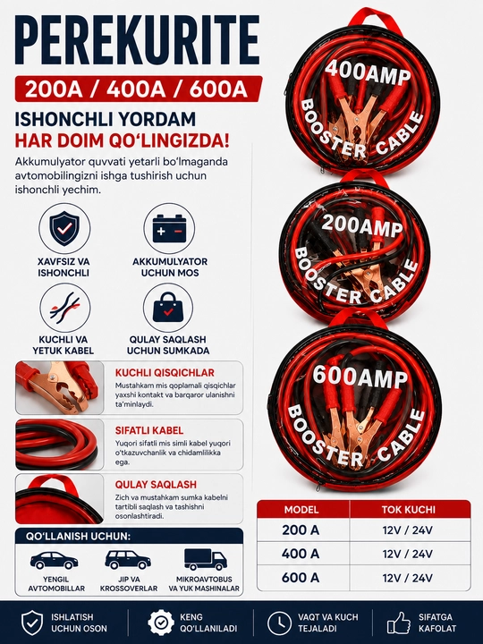 Perekurite avtomobil uchun — 200A / 400A / 600A, akkumulyator ulash kabellari - 