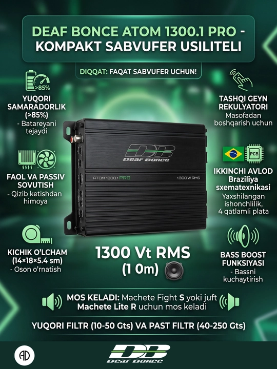 Avtomobil kuchaytirgichi Deaf Bonce Apocalypse Atom 2000.1 PRO, D sinf, monoblok 2000 Vt - 