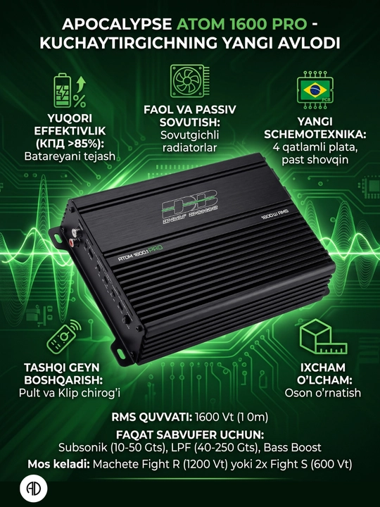 Avtomobil kuchaytirgichi Deaf Bonce Apocalypse Atom 2000.1 PRO, D sinf, monoblok 2000 Vt - 