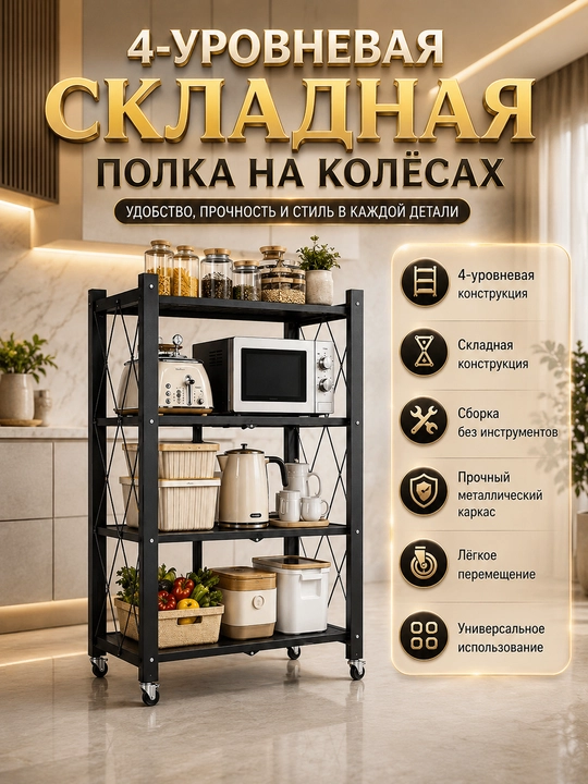 Polga o‘rnatiladigan, metalldan yasalgan, yig‘iladigan, g‘ildirakli, uy uchun tokcha-stellaj 127*34*71 - 