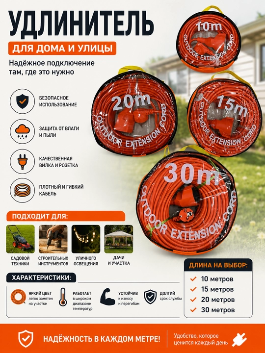 Удлинитель 10 м / 15 м / 20 м / 30 м — для дома и работы - 