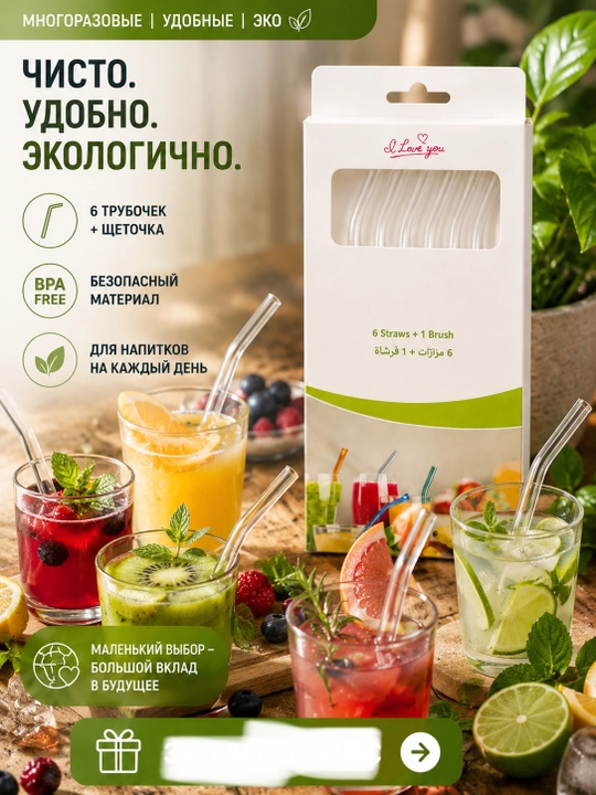 Экологически чистая трубочка, стеклянная, + щеточка, в бумажной упаковке - 