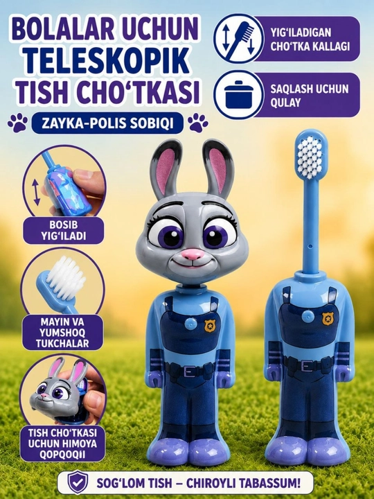 Bolalar uchun teleskopik tish cho‘tkasi, yumshoq tukchali, qulay saqlash qopqoqli