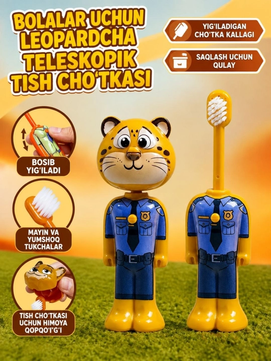Bolalar uchun teleskopik tish cho‘tkasi, yumshoq tukchali, qulay saqlash qopqoqli