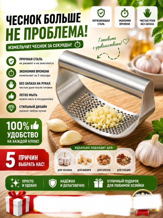 Пресс-измельчитель для чеснока и имбиря из нержавеющей стали