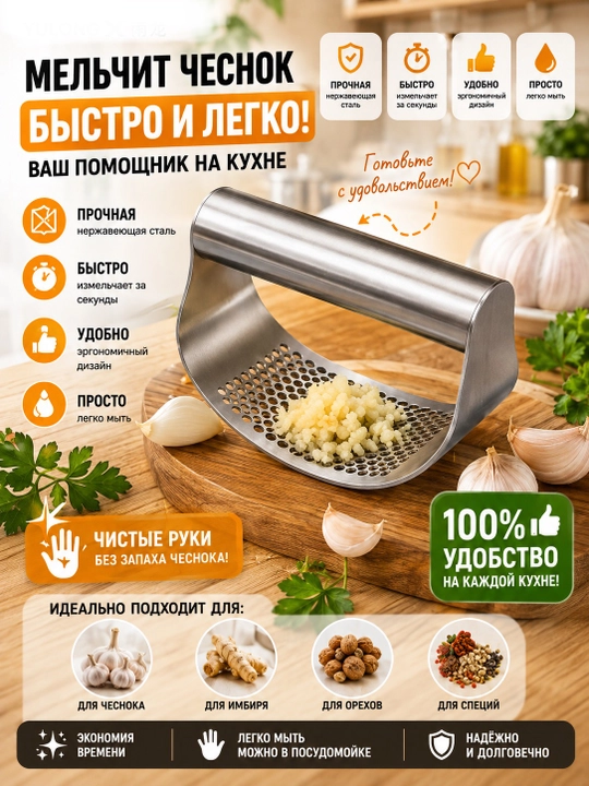 Пресс-измельчитель для чеснока и имбиря из нержавеющей стали - 
