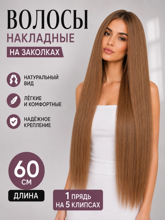 Волосы накладные на заколках, 60 см, трессы, 1 прядь на 5 клипсах, шиньон, 17 оттенков - 