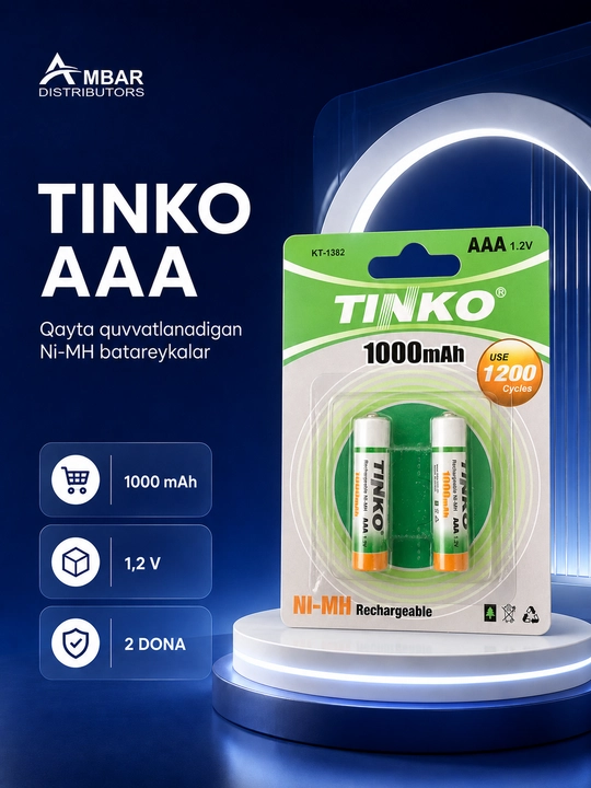 TINKO AAA qayta quvvatlanadigan batareyalar, 1000 mAh, 1,2 V, 2 dona - 