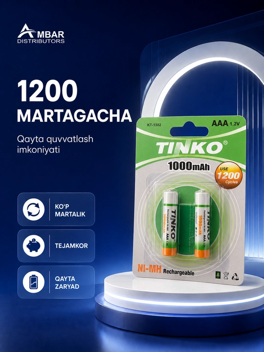 TINKO AAA qayta quvvatlanadigan batareyalar, 1000 mAh, 1,2 V, 2 dona