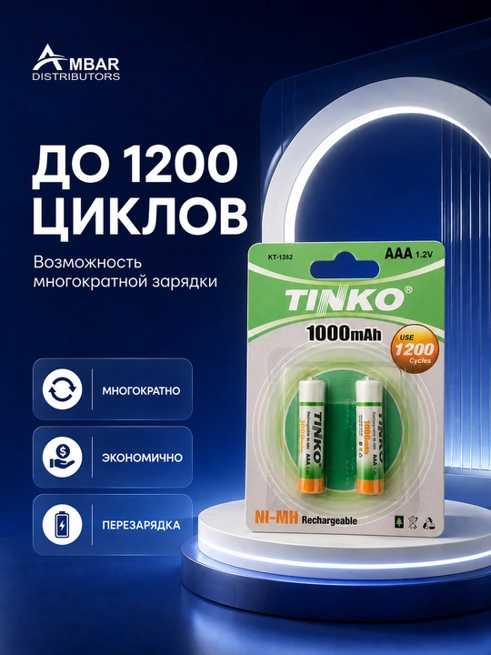 TINKO AAA qayta quvvatlanadigan batareyalar, 1000 mAh, 1,2 V, 2 dona
