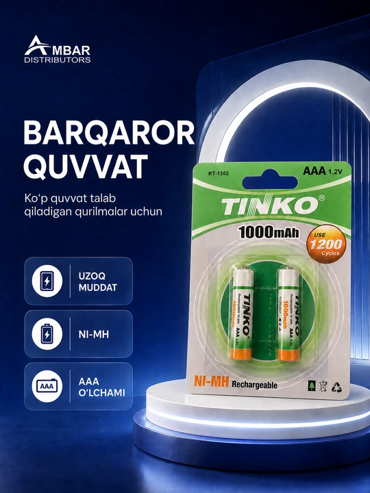 TINKO AAA qayta quvvatlanadigan batareyalar, 1000 mAh, 1,2 V, 2 dona