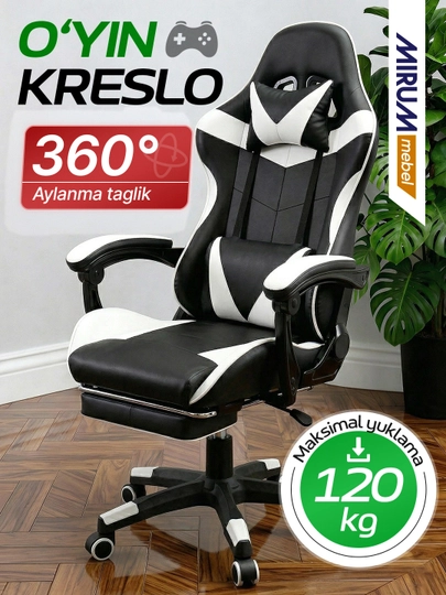 Game kreslo, 6 xil rangda, oyoq qo'ygich bilan, eko-kojadan, bosh va bel yostiqlari - 