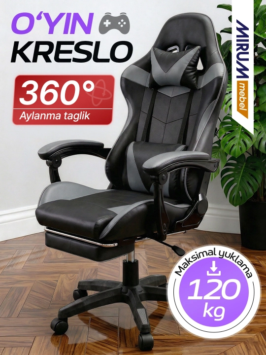Game kreslo, 6 xil rangda, oyoq qo'ygich bilan, eko-kojadan, bosh va bel yostiqlari - 
