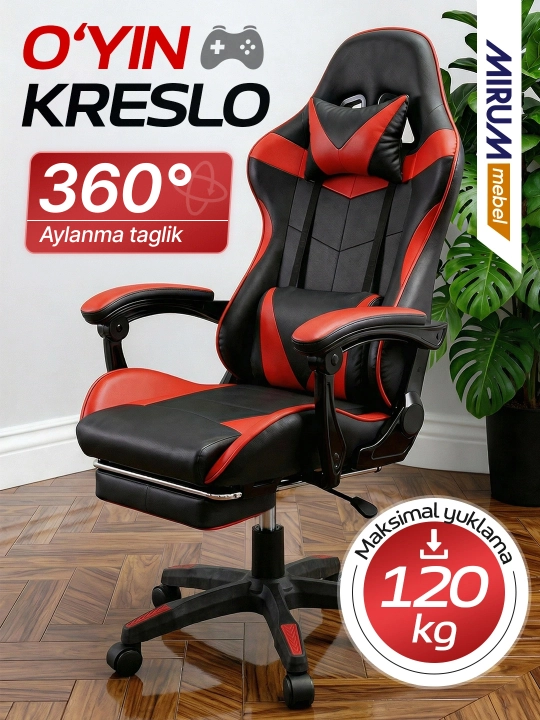 Game kreslo, 6 xil rangda, oyoq qo'ygich bilan, eko-kojadan, bosh va bel yostiqlari - 