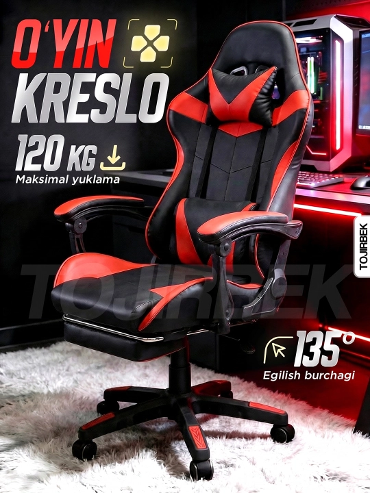 Gaming kreslo TOJIRBEK, kompyuter va ofis uchun, oyoq qo'ygichli o'rindiq