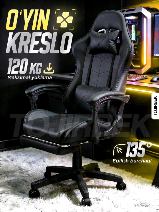 Gaming kreslo TOJIRBEK, kompyuter va ofis uchun, oyoq qo'ygichli o'rindiq - 