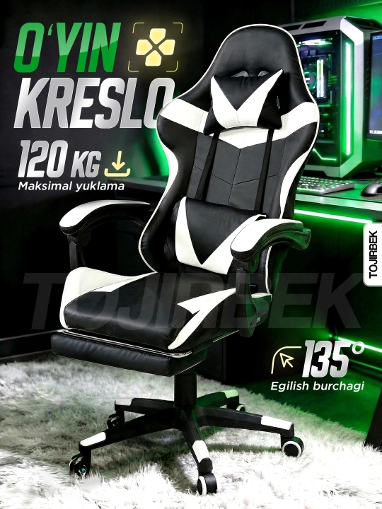 Gaming kreslo TOJIRBEK, kompyuter va ofis uchun, oyoq qo'ygichli o'rindiq - 