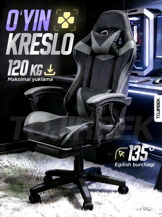 Gaming kreslo TOJIRBEK, kompyuter va ofis uchun, oyoq qo'ygichli o'rindiq - 