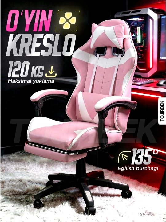 Gaming kreslo TOJIRBEK, kompyuter va ofis uchun, oyoq qo'ygichli o'rindiq