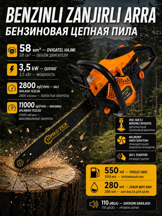 Бензопила Protex мотопила мощная и надежная для дерева| 32T - 