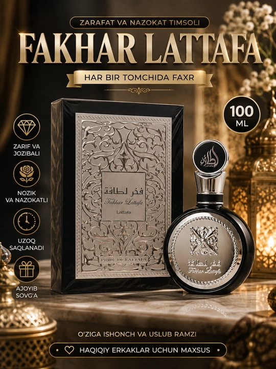 Fakhar Lattafa erkaklar atiri, 100 ml, o'ziga xos sharqona va yog'ochli parfyum suvi