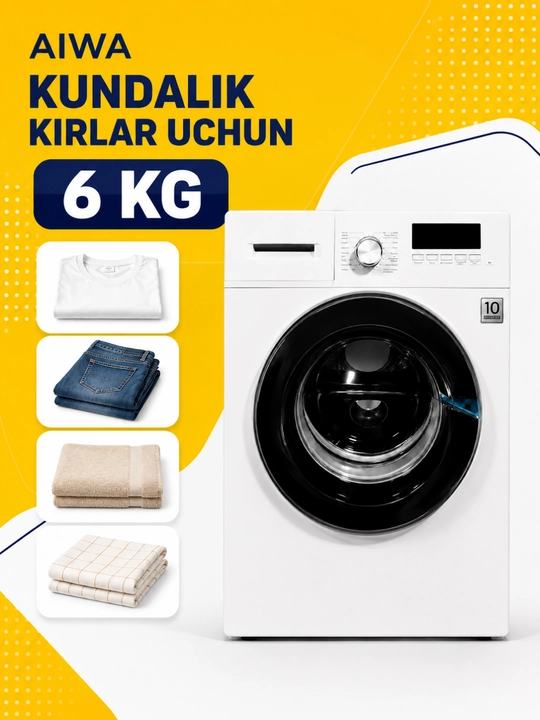 Aiwa 6 kg old tomondan yuklanadigan avtomatik kir yuvish mashinasi, kir moshina