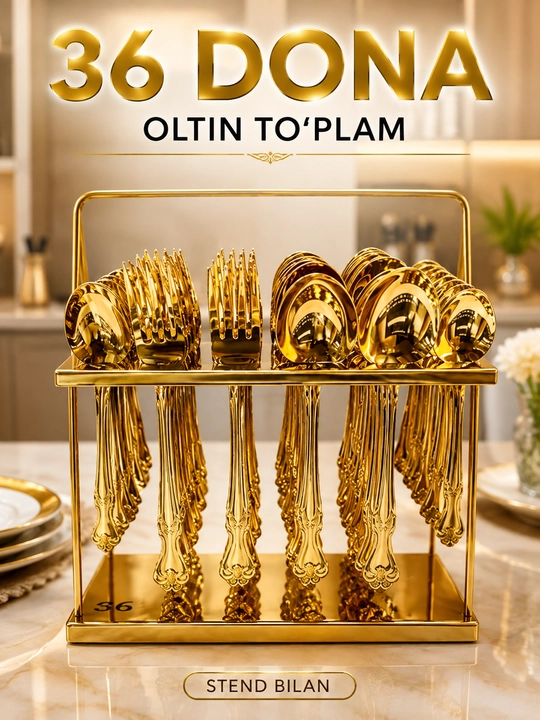 36 dona oltin qoshiq-vilka to‘plami, 12 kishilik, stend bilan - 