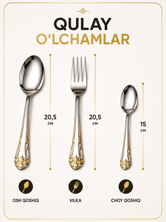 36 dona oltin qoshiq-vilka to‘plami, 12 kishilik, stend bilan