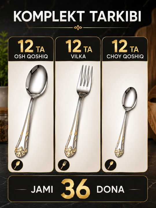 36 dona oltin qoshiq-vilka to‘plami, 12 kishilik, stend bilan