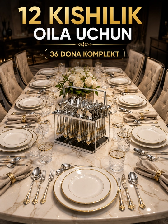 36 dona oltin qoshiq-vilka to‘plami, 12 kishilik, stend bilan