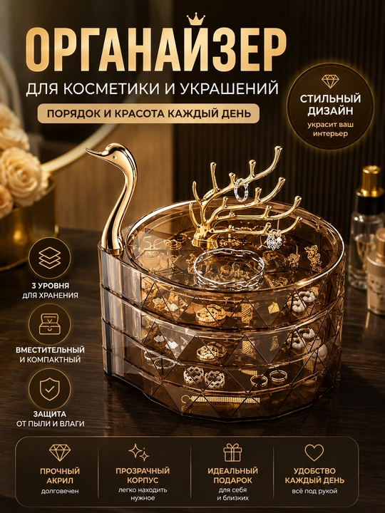 Органайзер для косметики вращающийся 360° с 6 отделениями, компактный, 15×13 см - 