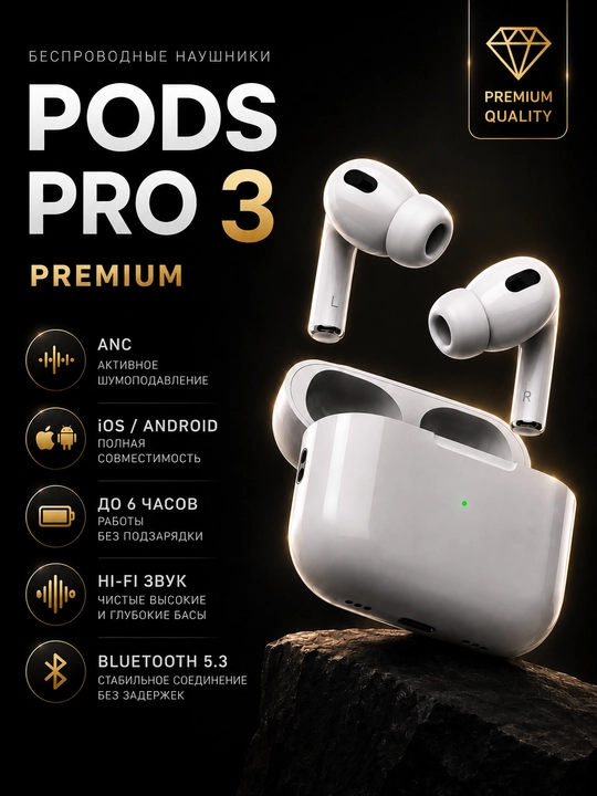 Беспроводные наушники Pods pro 3 ANC, для Android и iPhone, Bluetooth 5.3 - 