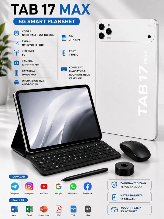 Planshet TAB 17 MAX 10.1″, 12/256 GB,5G,Android 15,2 SIM,klaviatura va sichqoncha bilan