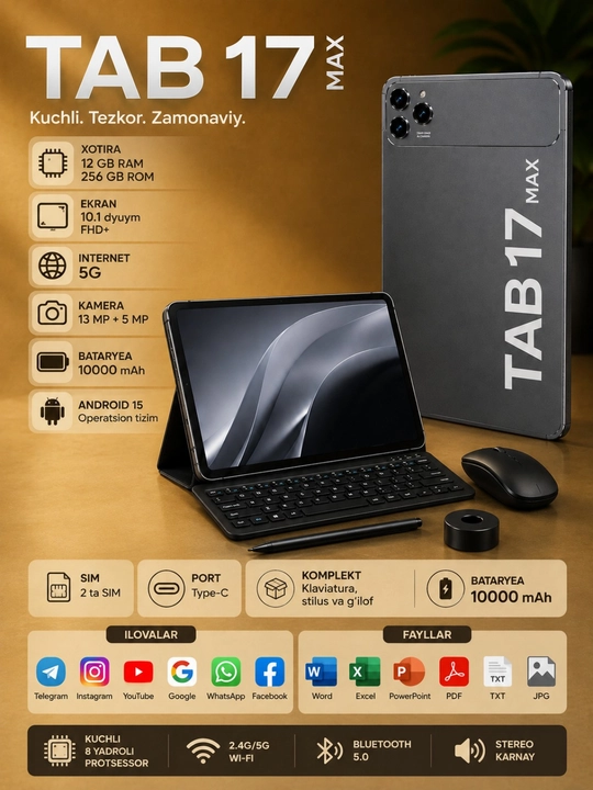 Планшет TAB 17 MAX 10,1″, 12/256 ГБ, 5G, Android 15, 2 SIM-карты, с клавиатурой и мышью