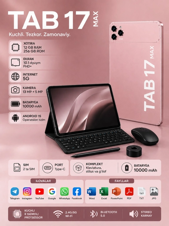 Planshet TAB 17 MAX 10.1″, 12/256 GB,5G,Android 15,2 SIM,klaviatura va sichqoncha bilan