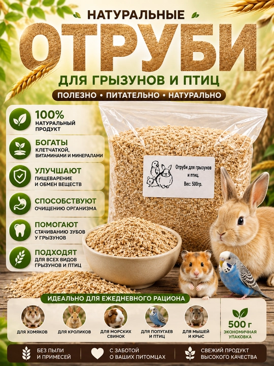 Отруби пшеничные, корм для грызунов и птиц, расфасованный - 
