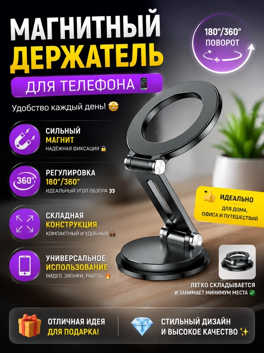 Telefon uchun magnitli ushlagich — 180°/360° buklanadigan Fold Magnetic Holder - 